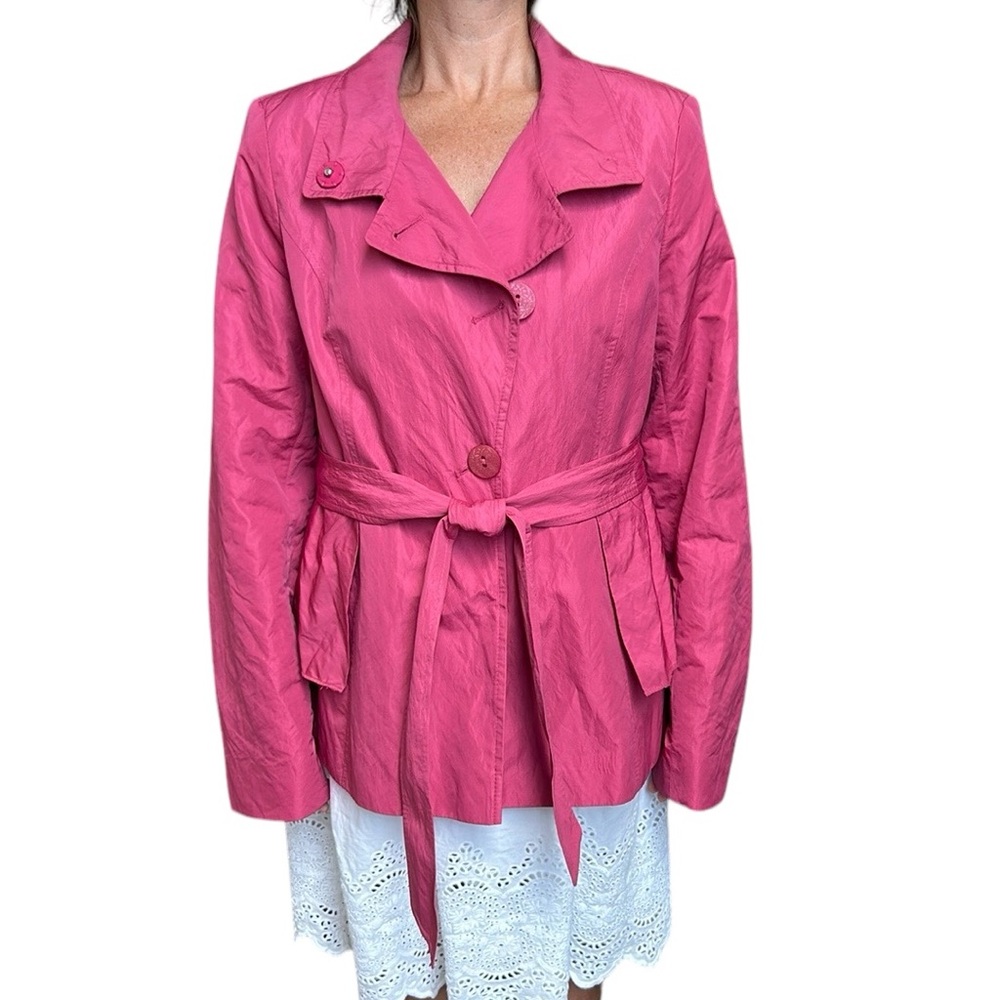 Tahari Think Pink/Turquoise Lined Nylon/Metallic Rain Jacket Trench Coat XL